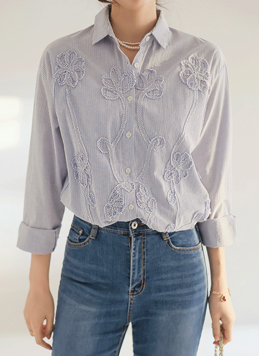 Textured Flower Stripe Button-Up Shirt