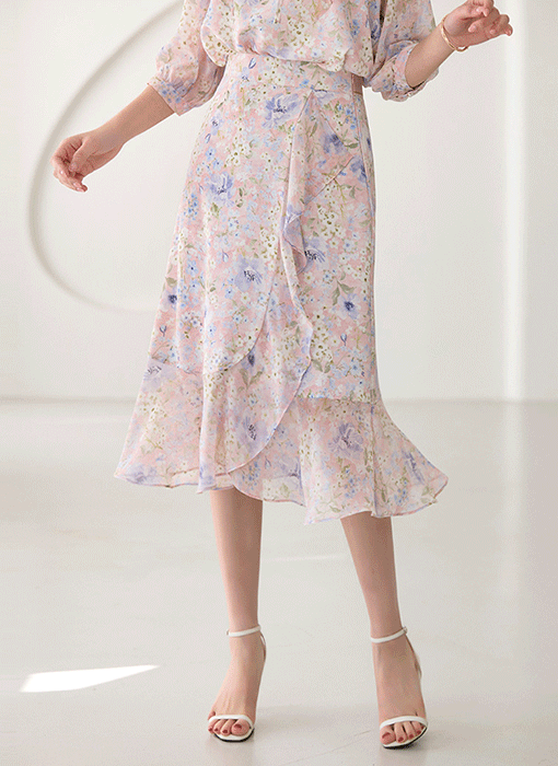 [LouisAngel] Blush Garden Ruffle Midi Skirt