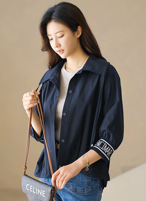 Lettering Trim Drawstring Collar Shirt Jacket
