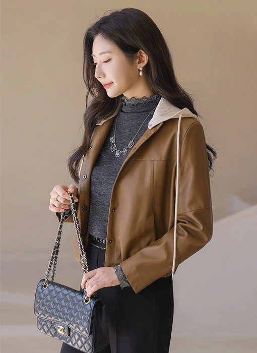 (5 Colors) Everyday Faux Leather Hooded Jacket