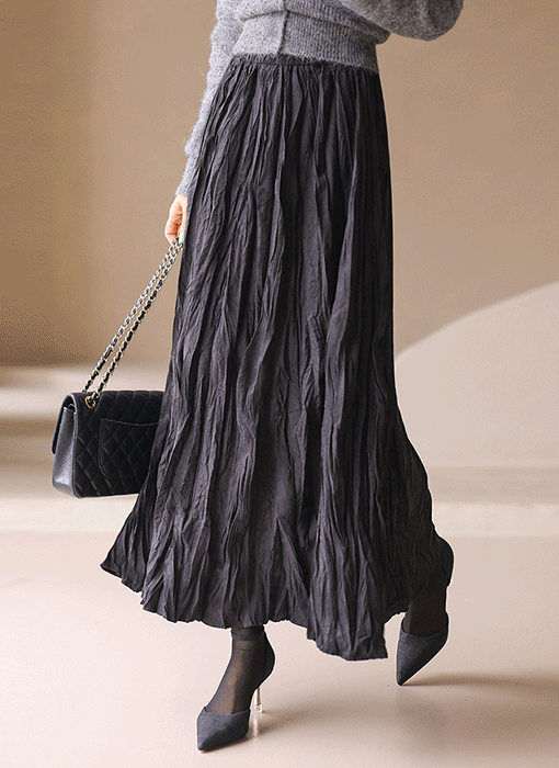 Crinkle Texture Flare Maxi Skirt w/ Belt