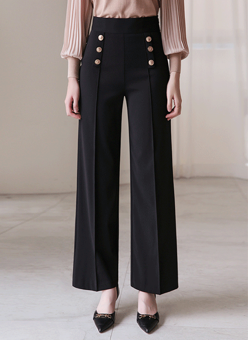 Elegant Gold Button High-Rise Wide Slacks