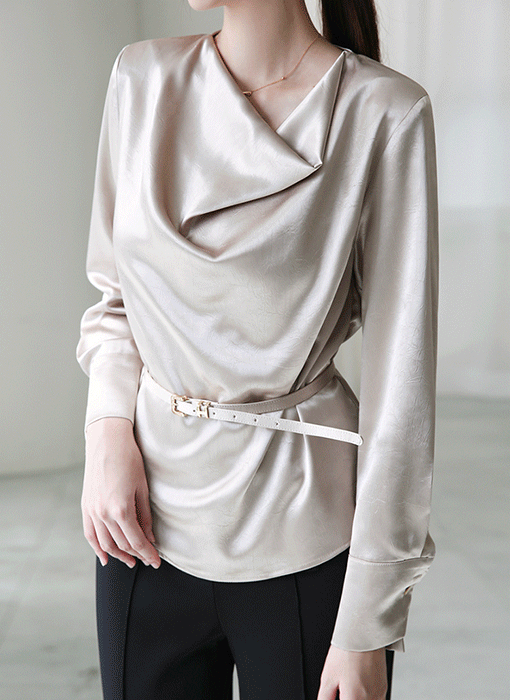 Satin Drape Neck Blouse w/ Belt