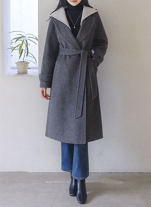 [The Onme] Classic Belted Wool Hood Coat