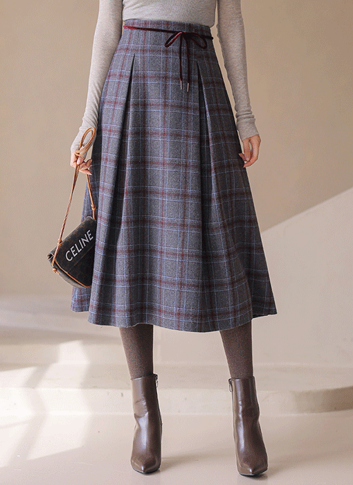 [LouisAngel] Check Pleated Midi Wool Skirt w/ Sash