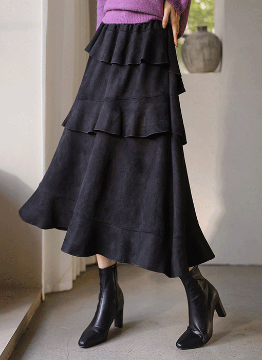 [The Onme] Asymmetric Ruffle Suede Maxi Flare Skirt