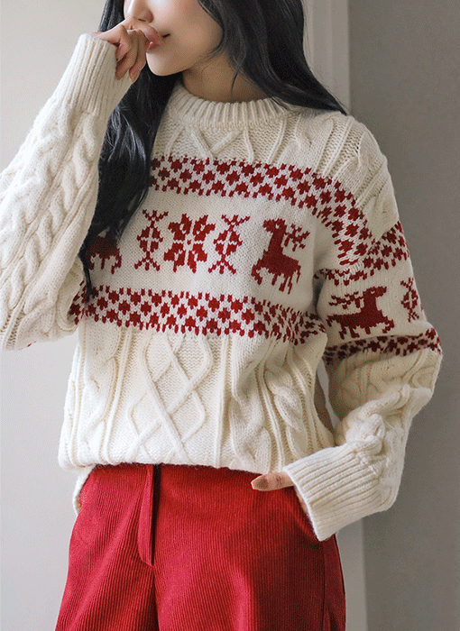 [The Onme] (4 Colors) Winter Mood Fair Isle Cable Knit Top