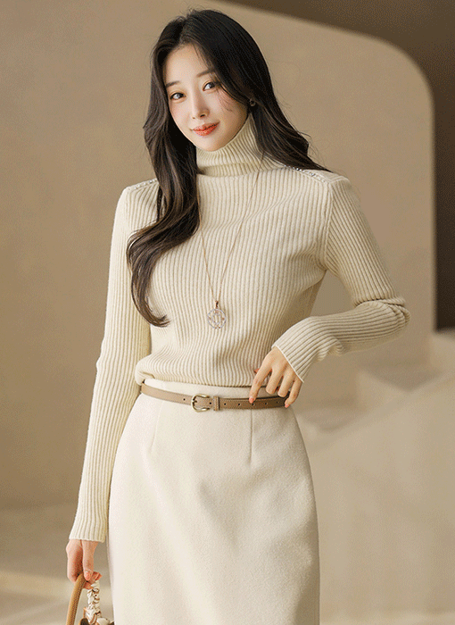 (4 Colors) Grace Pearl Shoulder Ribbed Turtleneck Knit