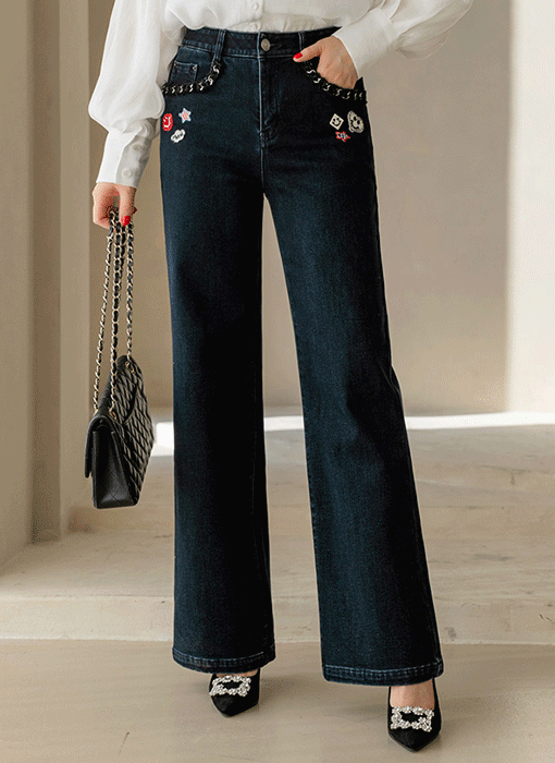 Chain Detail Brushed Wide Jeans