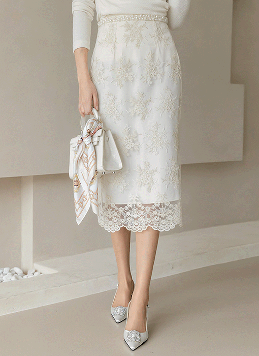 Golden Bloom Lace H-Line Midi Skirt