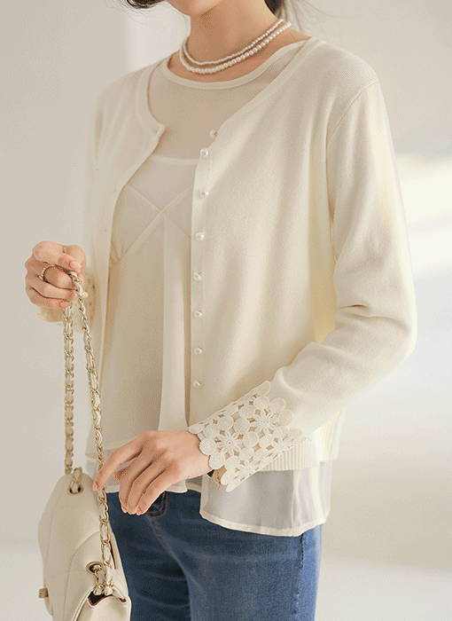 Flora Lace Cuff Pearl Knit Cardigan