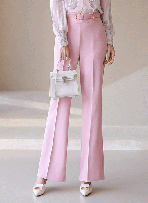 Elegant Belted Slim Boot-cut Tailored Slacks