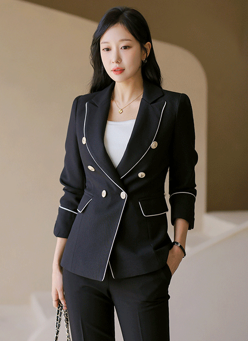 Signature Piping Double Breasted Slim Jacket w/ Scarf