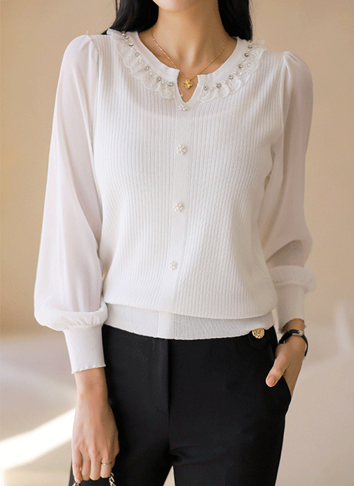 Romantic Lace Frill Pearl Knit Top