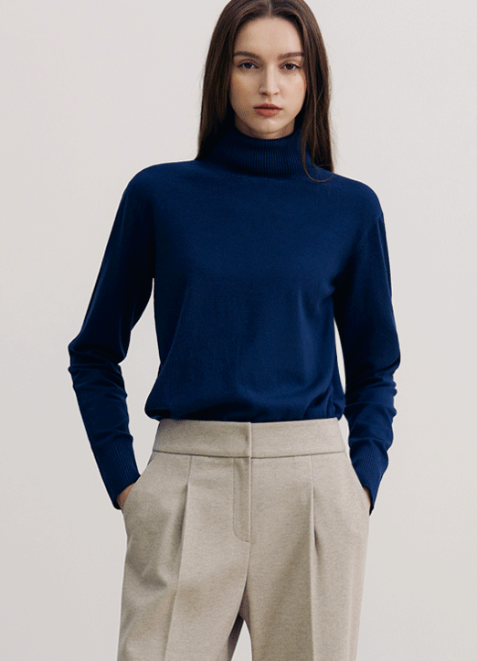 (5 Colors) Ribbed Edge Turtleneck Knit Top