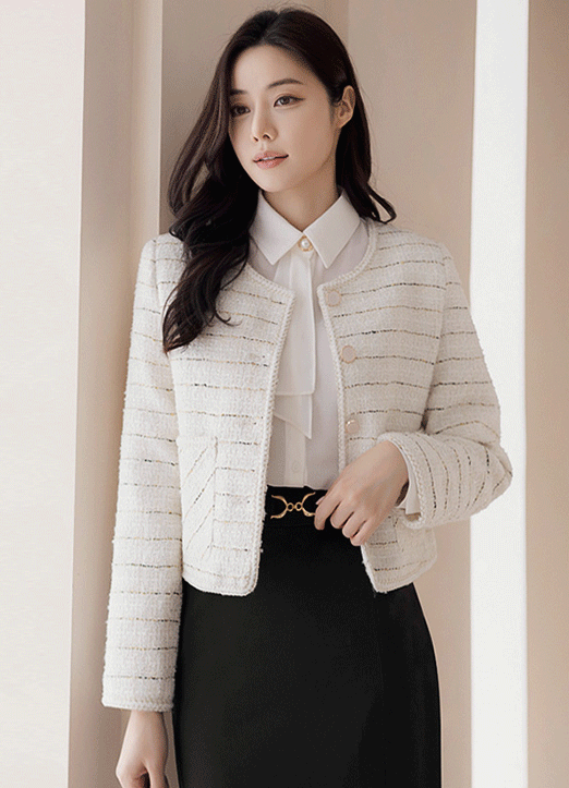 [Special Price] Gold Striped Collarless Tweed Jacket