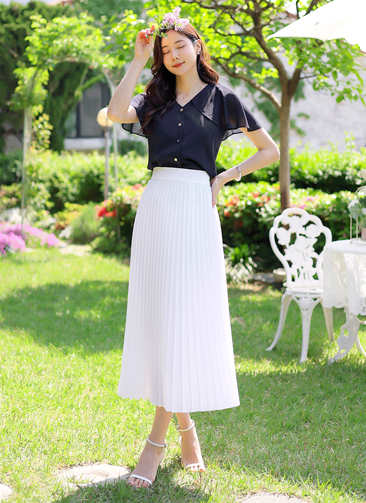 [LouisAngel] Metallic Striped Elastic Back Waist Pleats Long Skirt