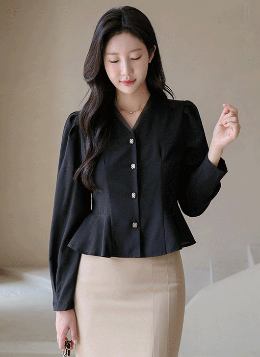 Peplum Puff Sleeve V-Neck Blouse