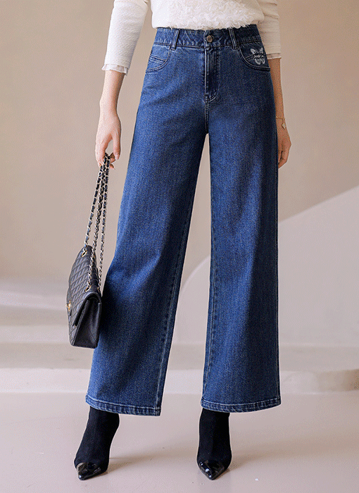 Embroidered Butterfly Stitch Wide Jeans