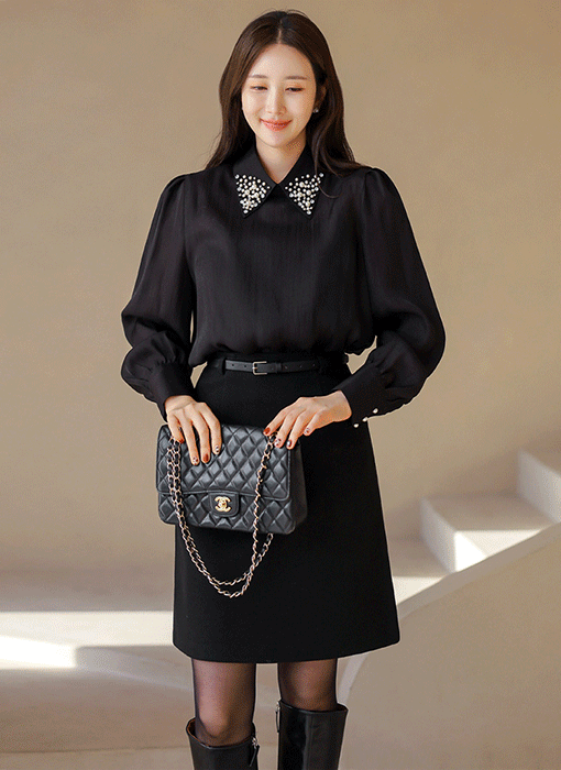 Luxe Glow Beaded-Collar Satin Blouse