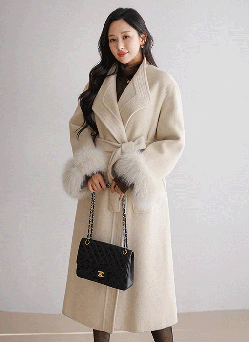 Luxe Belle Fox-Cuff Wrapped Long Coat