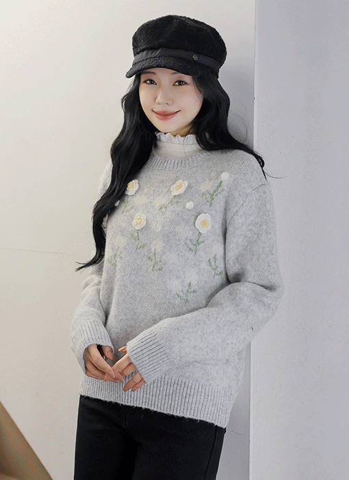 [The Onme] Cozy Petal Accent Embroidered Flower Knit Top