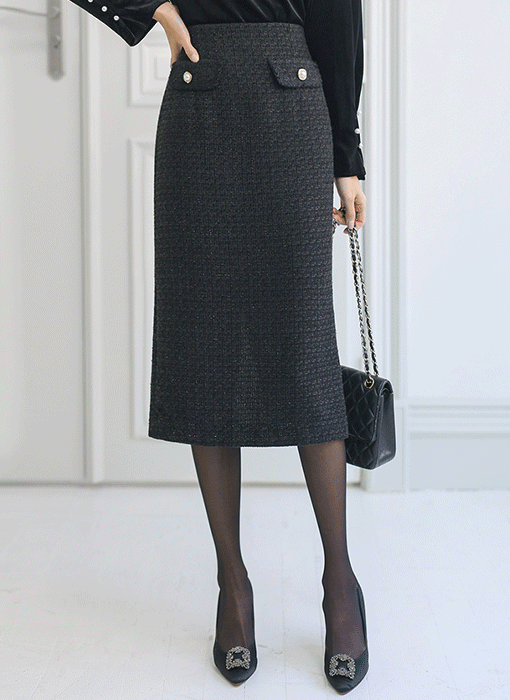 Classic Metallic Tweed H-Line Midi Skirt