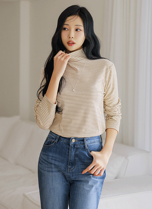 [The Onme] (5 Colors) Minimal Stripe Stretch Turtleneck Tee
