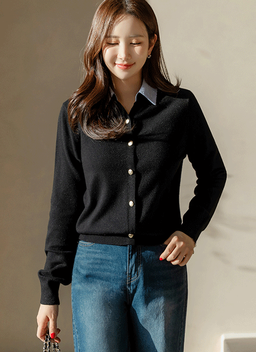 Stripe Collar Layered Knit Cardigan