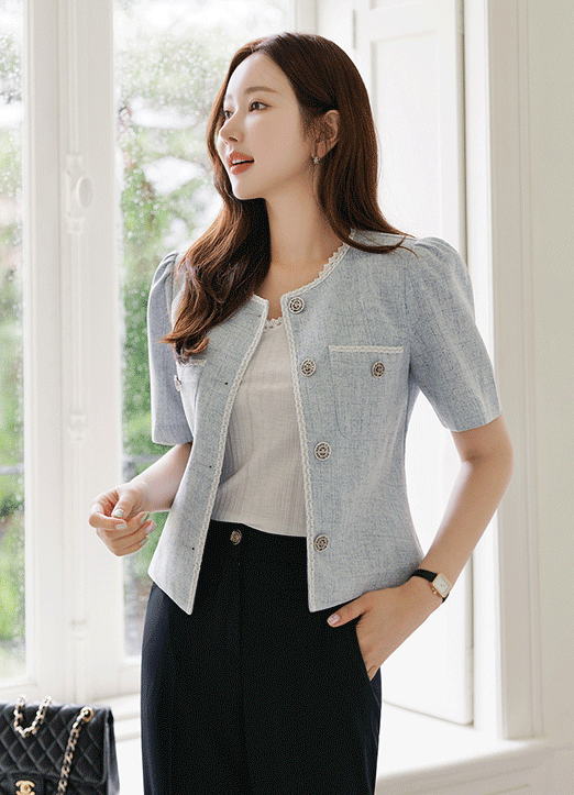 Braided Trim Puff Short Sleeve Summer Tweed Jacket