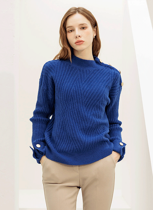 Gold Button Diagonal Rib-Textured Knit Top