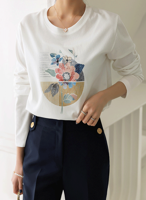 [LouisAngel] Artistic Floral Print Rhinestone Tee