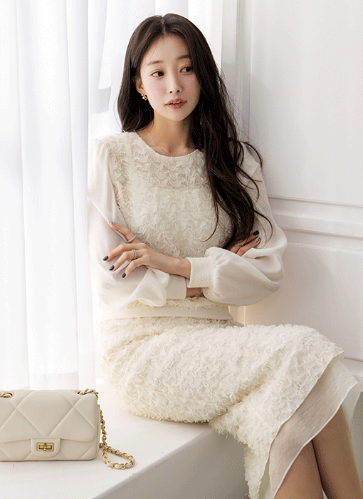 [LouisAngel] Bloom Texture Chiffon Sleeve Blouse Tee w/ Tie