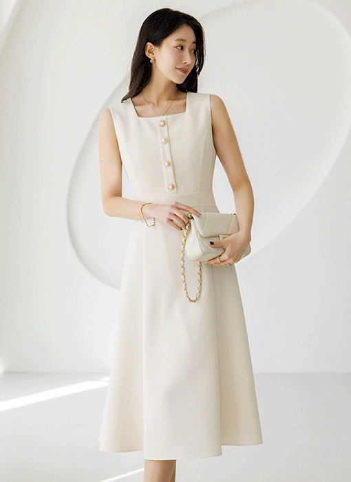 [LouisAngel] Pearl Accent Square Neck Sleeveless Midi Dress