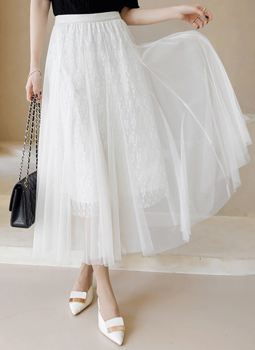 Elegant Sparkle Lace Tulle Maxi Skirt