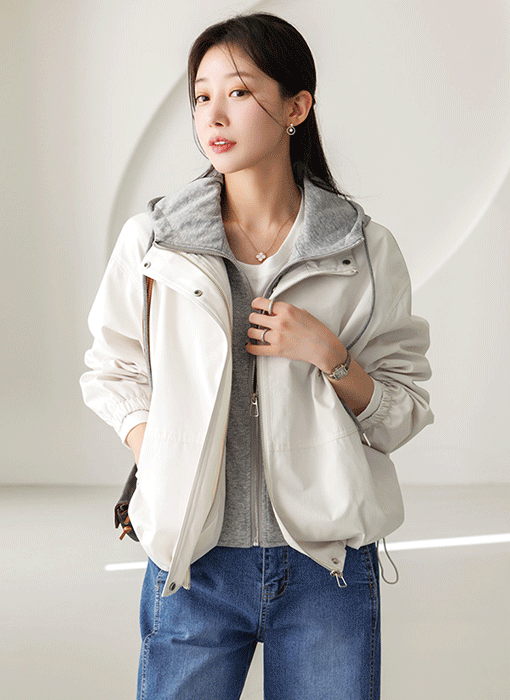 Layered Look Contrast Hood Zip Jacket
