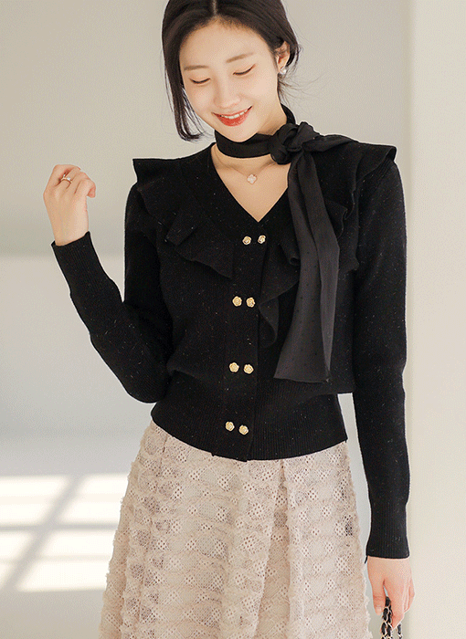 Romantic Ruffle Gold Button Knit Top