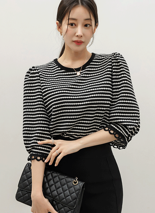 Textured Jacquard Stripe Puff Sleeve Top