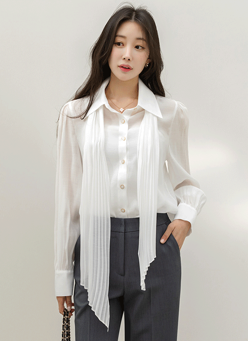 Sheer Chiffon Pleated Bow Scarf Blouse