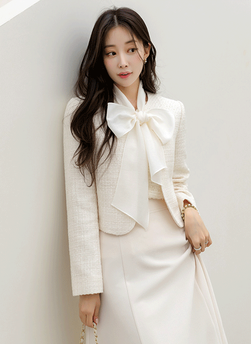 [LouisAngel] Soft Glow Tweed Jacket w/ Chiffon Scarf