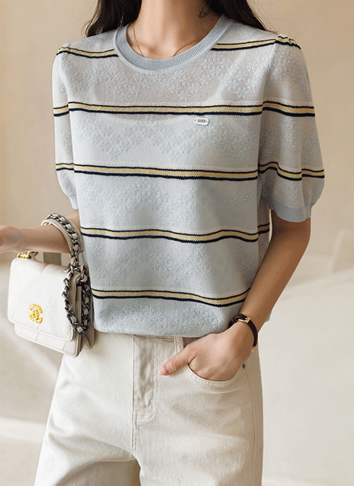 [The Onme] Floral Jacquard Stripe Short Sleeve Knit Top