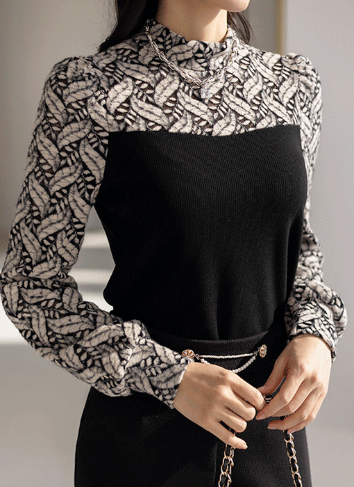 [LouisAngel] Brushed Leaf Lace Panel Ribbed Top