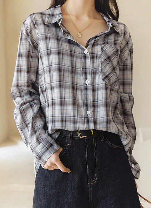 [The Onme] Soft Sheer Plaid Relaxed Fit Shirt