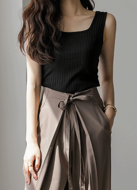 (4 Colors) Square Neck Ribbed Knit Cami Top