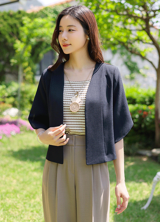 [LouisAngel] Linen-Like Collarless Tulip Sleeve Jacket