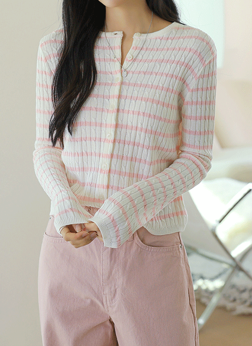 [The Onme] (5 Colors) Refined Stripe Cable Knit Cardigan