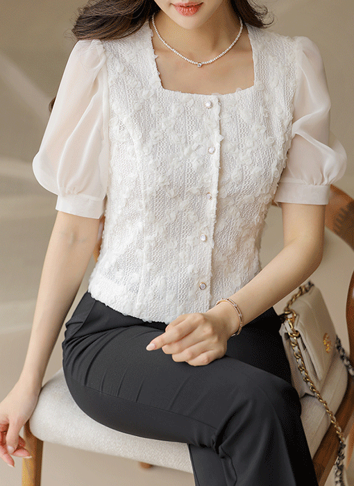 [LouisAngel] Lace Garden Puff Sleeve Blouse-Jacket