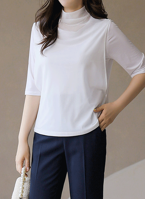 (4 Colors) Soft Stretch Mesh-Layered Mock Neck Tee