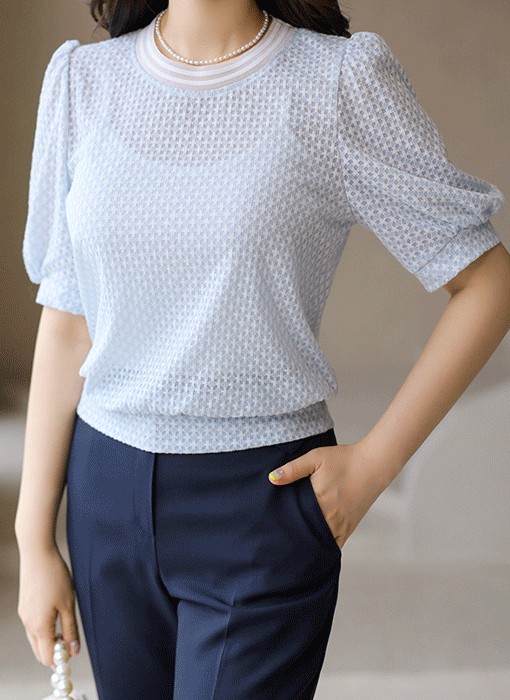 [LouisAngel] Two-Tone Sheer Check Blouson Top