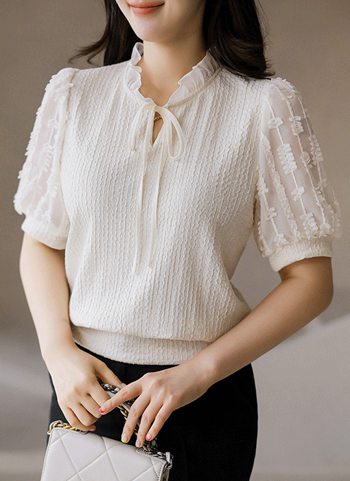 [LouisAngel]  Jacquard Chiffon Sleeve Blouse Tee